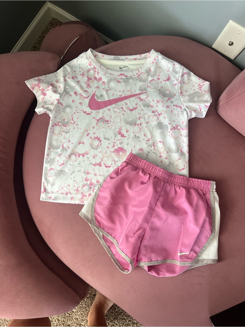 Nike Pink & White Floral Short Sleeve Top with Pink Athletic Shorts Set